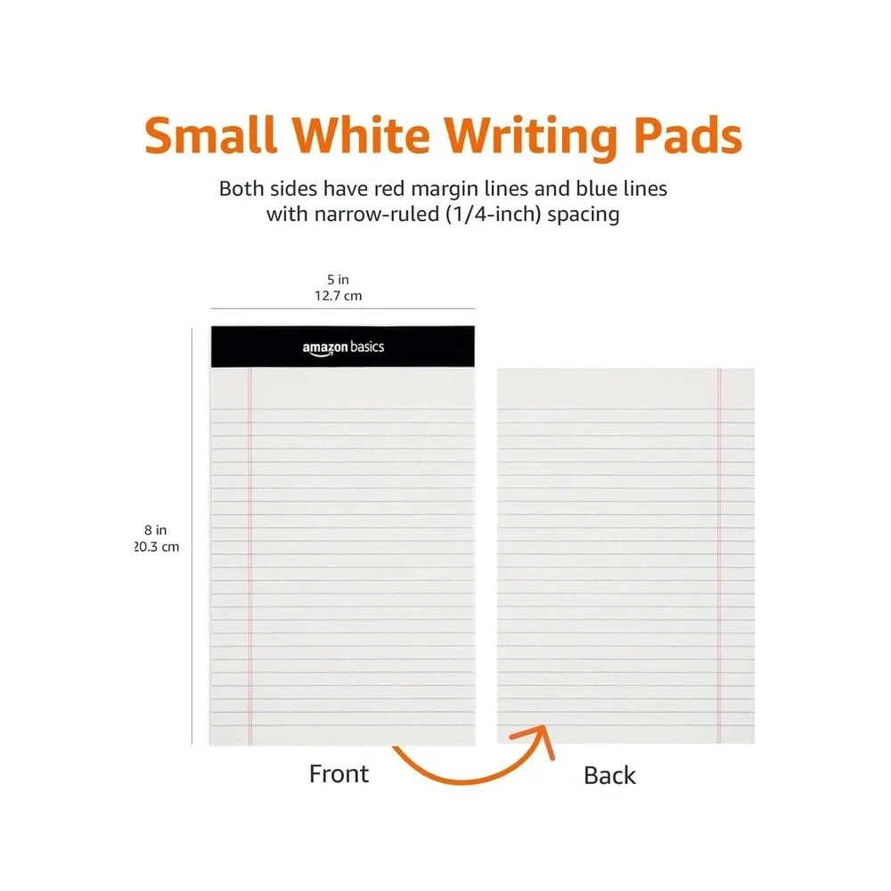 Amazon Basics Narrow Ruled Writing Pads White 5x8 Inch 12 Pack 50 Sheets Per Pad